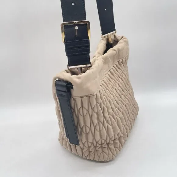 Furla Caos Quilted Leather Bucket Bag Beige Drawstring Shoulder Bag